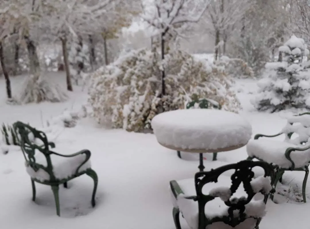 Mesa y sillas del parque de Los Morros cubiertas de nieve fresca