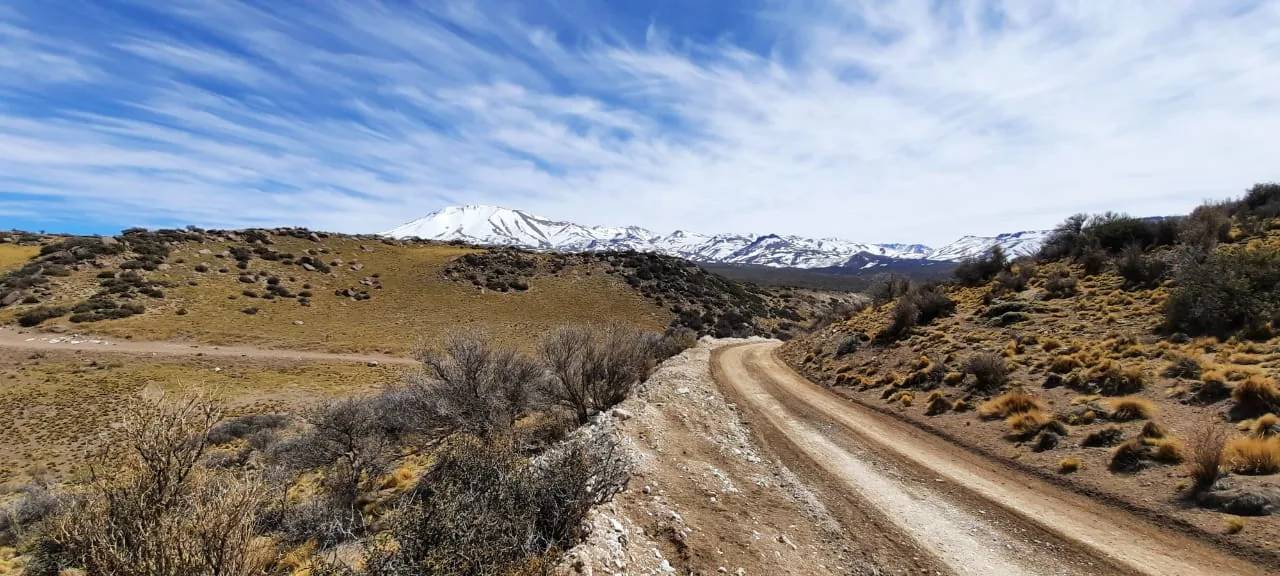 Camino de campo hacia el Refugio Campo El Morro, con la Cordillera nevada al fondo